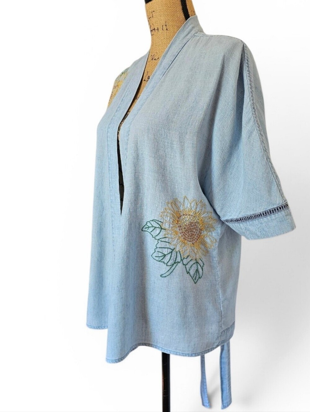 Billy T Sunflower Embroidered Chambray Open-Front Boho Kimono Jacket, Size XS - Picture 4 of 8